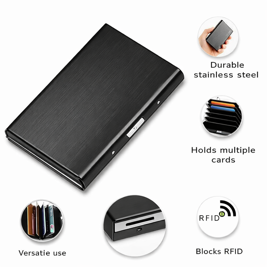 Classic Metal Wallet Black - card slots expandable secure snap closure